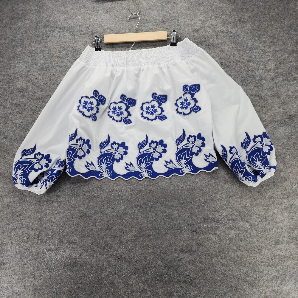 INA Blouse Womens Small Off Shoulder White Blue Floral Cropped